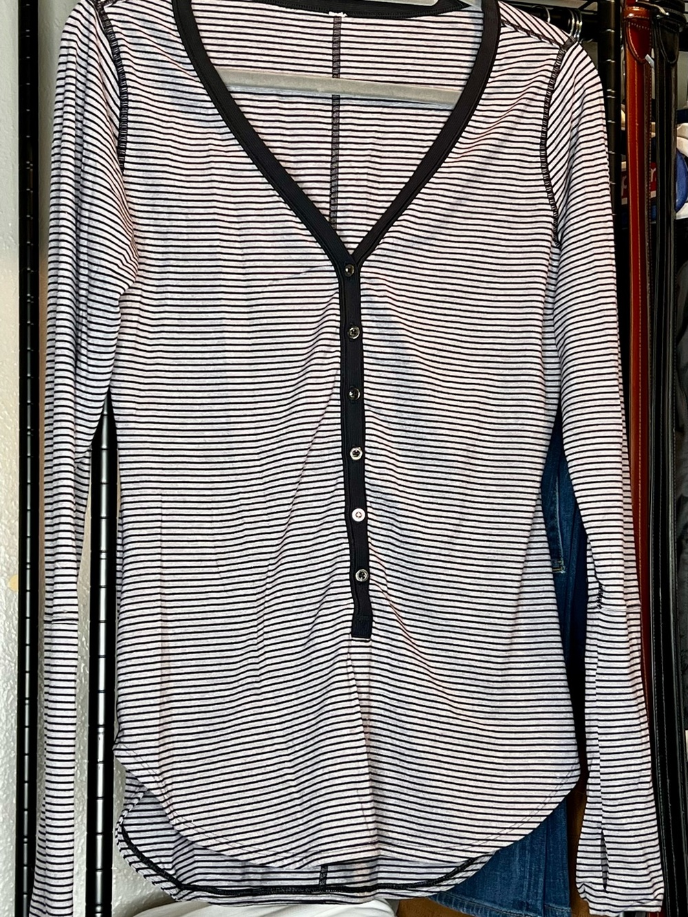 Lululemon Striped V-Neck Button Henley Top - Black/Lt Gray